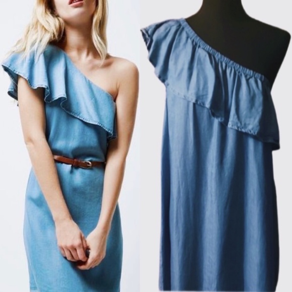 NWT One-Shoulder Chambray Ruffle Dress